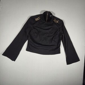 Frank Lyman Design Black Long Sleeve Blouse Gold Chain Detail Mock Neck Sz 12